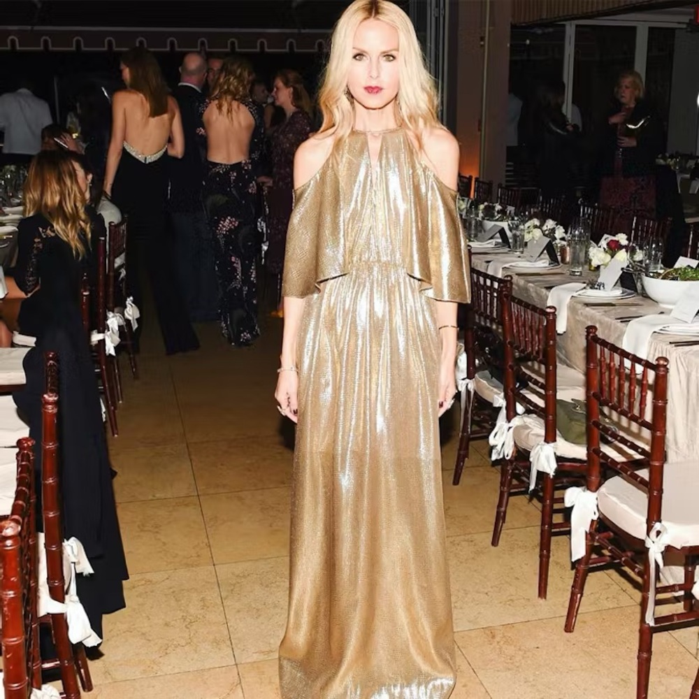 Rachel Zoe Gold Lurex Silk off shoulder Marlene maxi dress 6 medium small